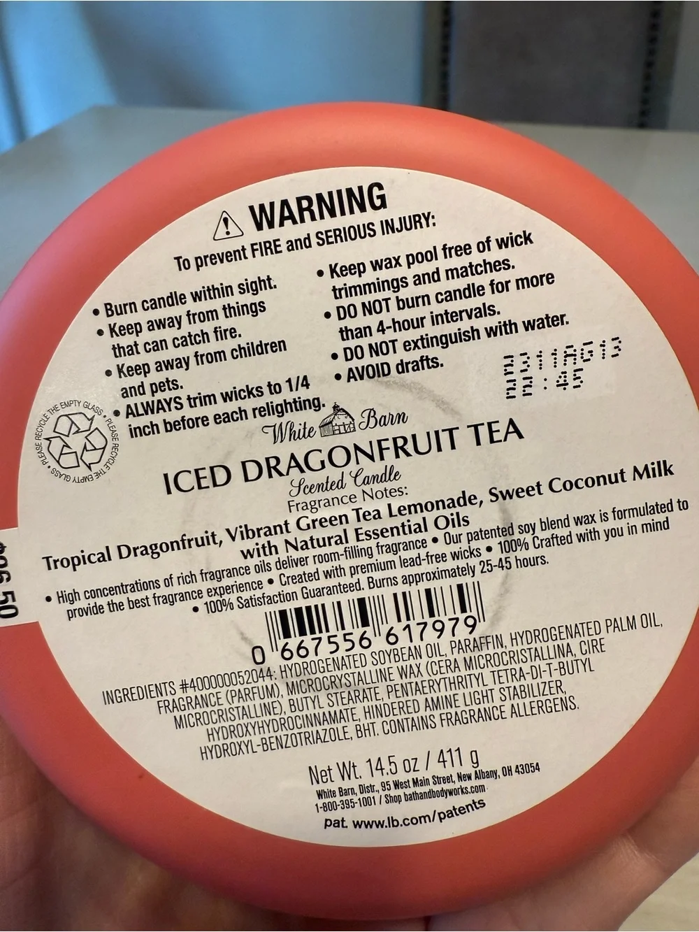 Bath & Body Works White Barn Iced Dragonfruit Tea 3 Wick Scented Candle Pink